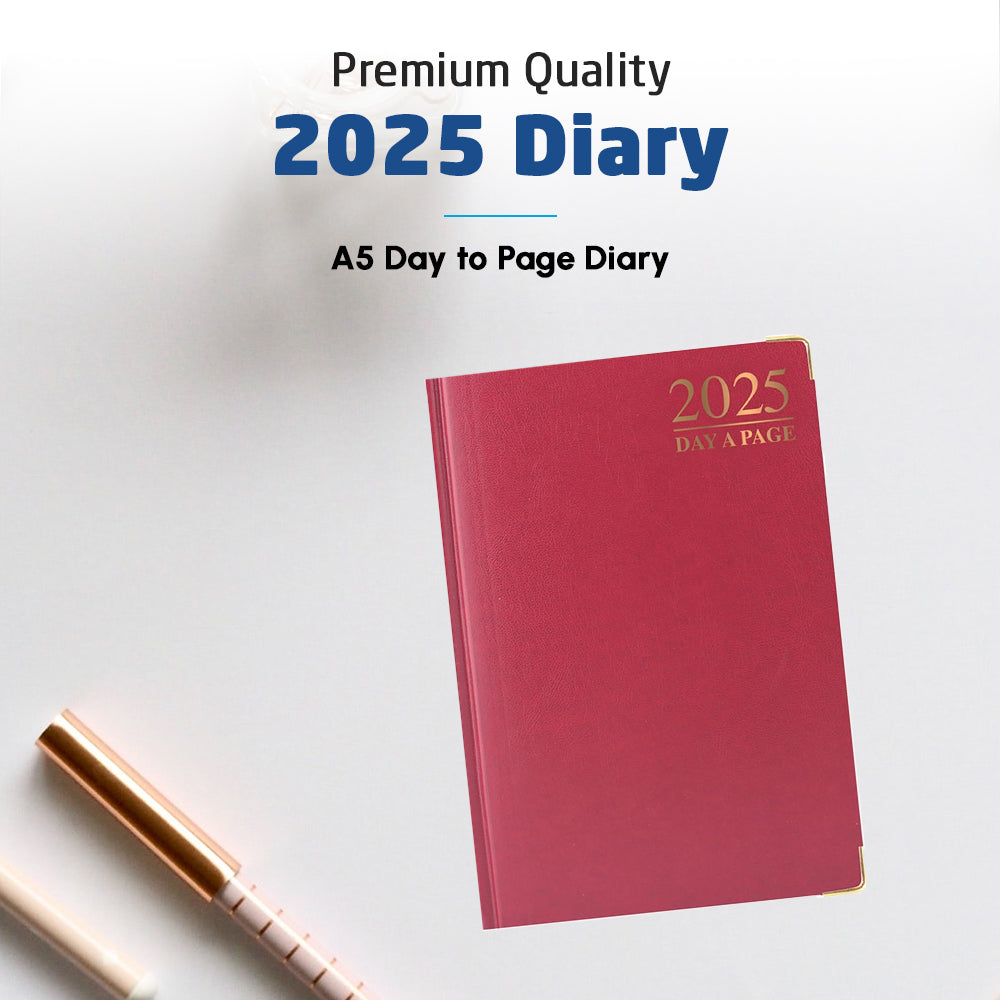 Premium Quality 2025 A5 Day to Page Diary - Red