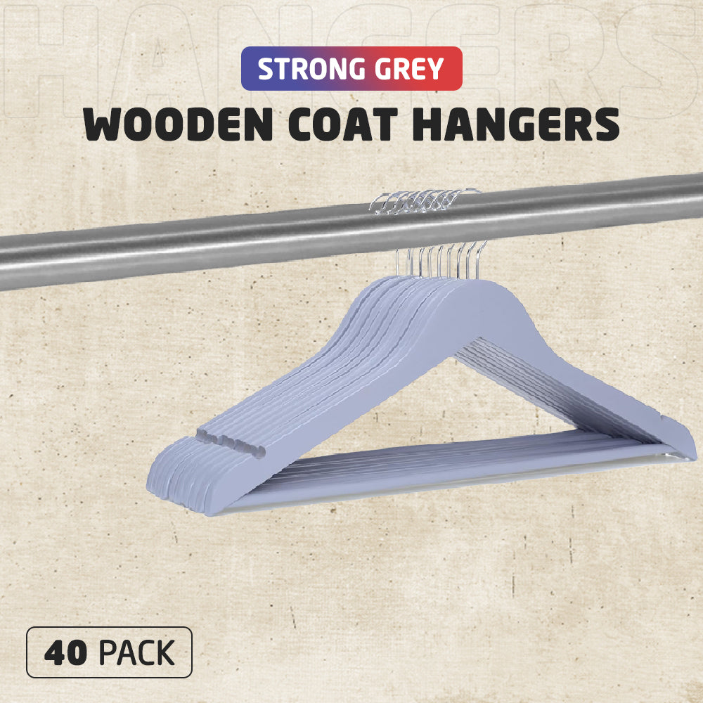 Strong Grey Wooden Coat Hangers - 40 Pack