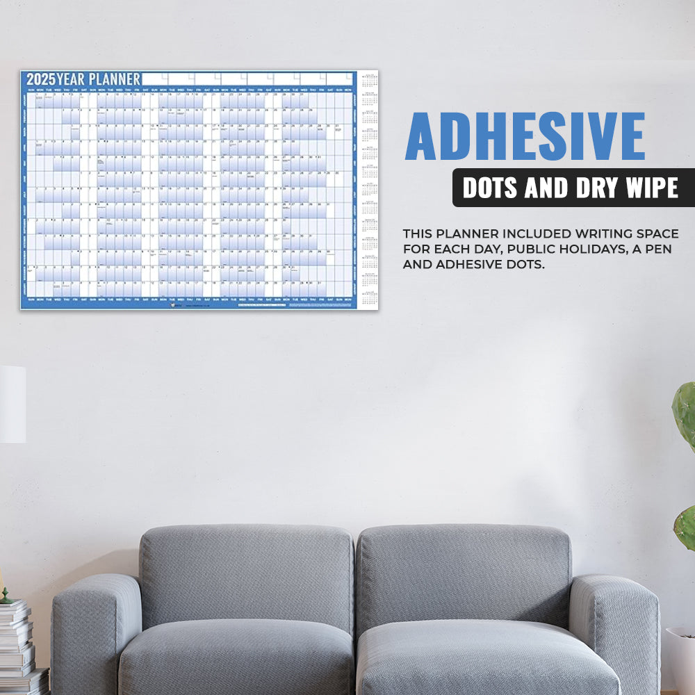 2025 Year Wall Planner A1 Large Laminated Wall Calendar - With Adhesive Dots & Dry Wipe