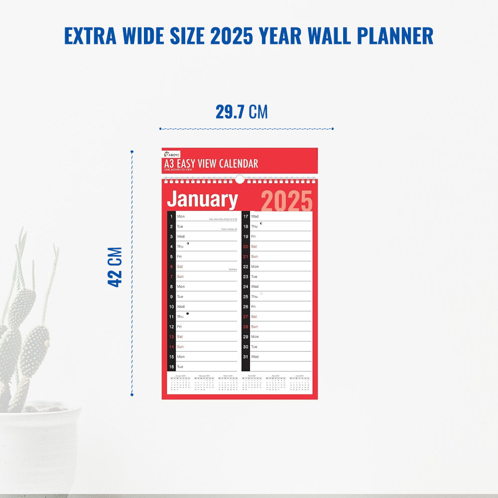 2025 A3 Month to View Calendar - Dimension