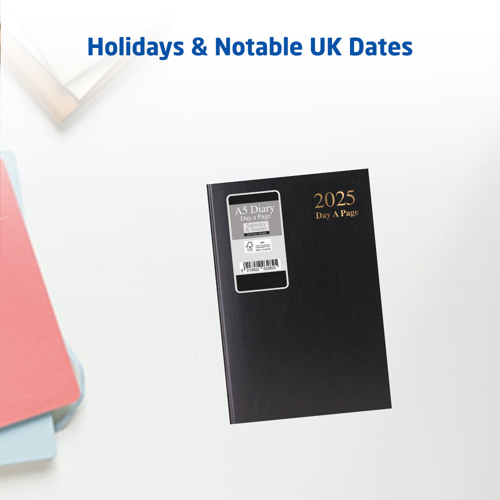 2025 A5 Day to Page Diary - Holidays & Notable UK Dates