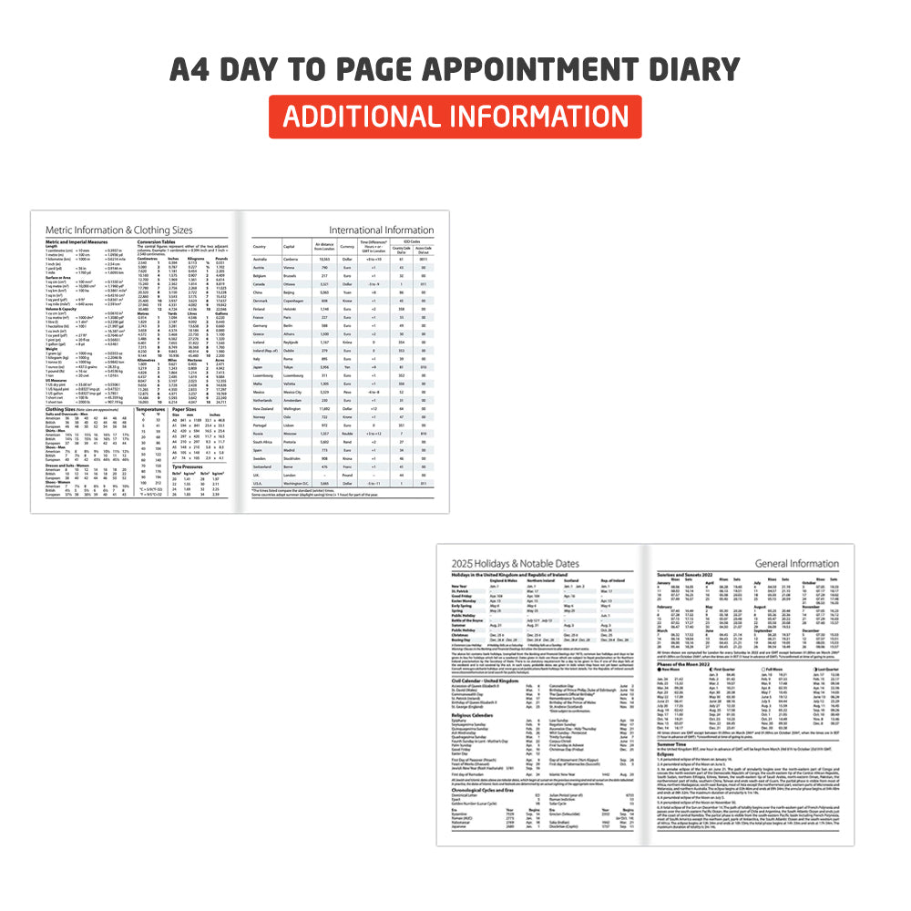 2025 Premium Quality A4 Day to Page Appointment Diary - with additional information