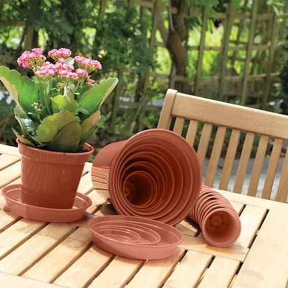 Terracotta Color Plastic Plant Pots & Saucers