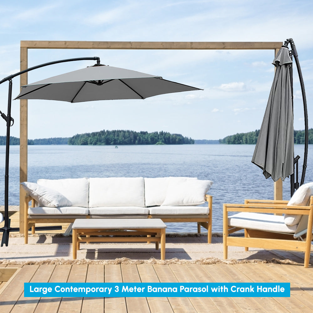 1ABOVE Large Contemporary 3 Meter Banana Parasol With Crank Handle Patio Umbrella Hanging Cantilever Perfect For Outdoors